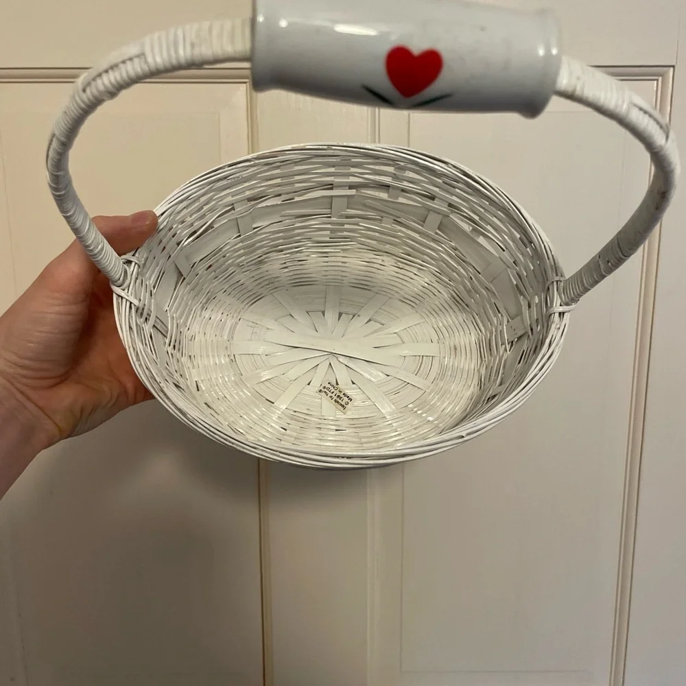 Vintage White Woven Basket with Red Ceramic Heart Handle